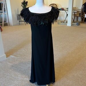 Black Feather-Trim Evening Dress - Sleeveless Scoop Neck
